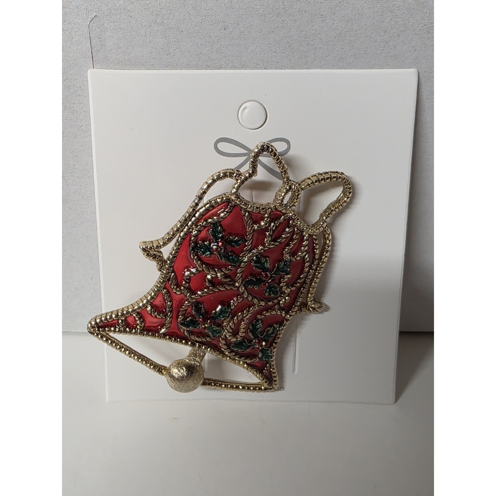 Vintage‎ Danecraft Brooch Gold Tone Red Plique-A-Jour Style Bell Christmas